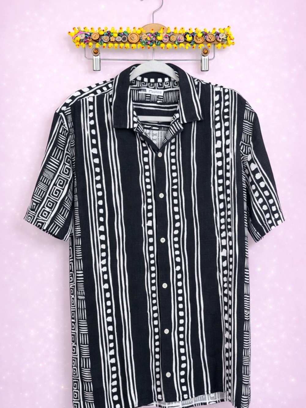 Zara Black and White Vertical Patterned Short-Sleeve Shirt